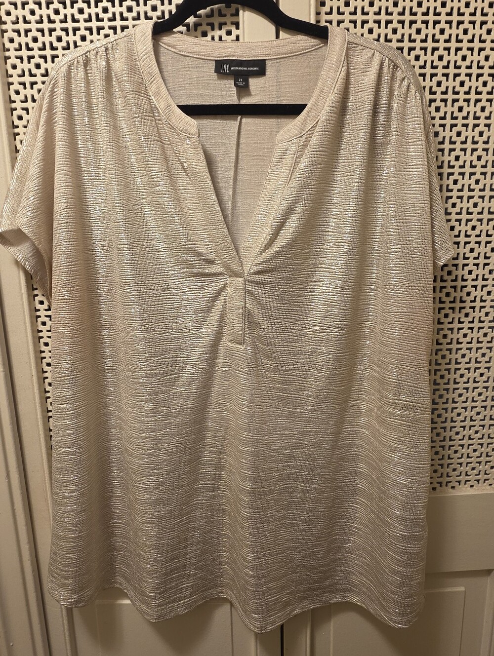 INC International Concepts Shimmery Champaign Shimmer Short-Sleeve Top